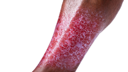 PNG of Close-up of a male leg with severe skin condition, showcasing red, cracked texture on dark brown skin.