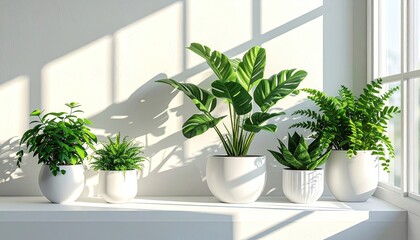 Sunlit Window Sill With A Variety Of Green Potted Houseplants In White Ceramic Pots Creating A Peaceful Natural Ambiance