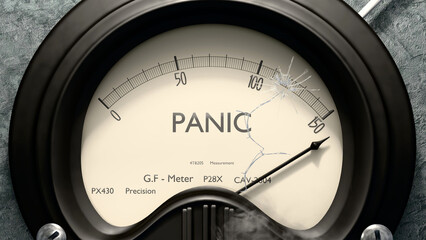 Panic meter showing high levels of panic. Dangerously increasing values of panic, critical overload. Too much, off the charts. Max panic ,3d illustration