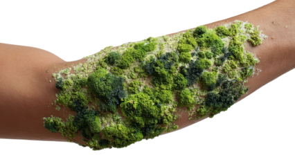 PNG of Close-up of an arm covered in vibrant green and black mold, showcasing a unique and unusual organic texture.