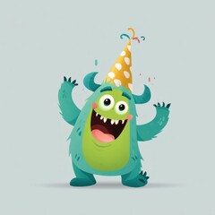 Fototapeta premium Cute monster celebrating with party hat