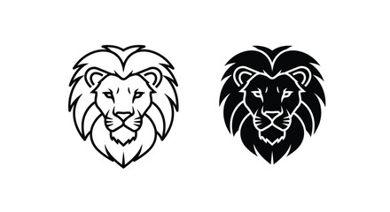 Obraz premium Two lion head illustrations, one in outline and one in solid black.
