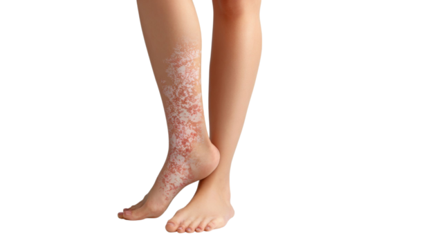 PNG of Female model with unique skin condition showcasing a contrast of healthy and affected skin on her legs.