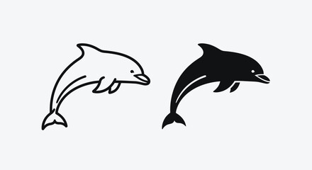 Fototapeta premium Two dolphin illustrations, one in outline and one in solid black, swimming to the right.