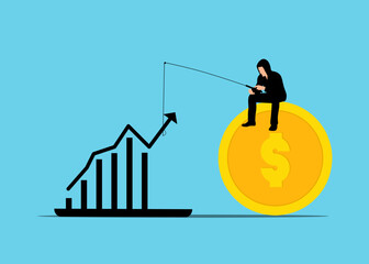 Financial Growth Strategy: Person fishing for profit from a rising bar graph, sitting on a gold coin.