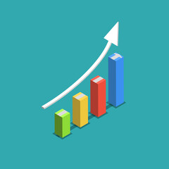 Isometric Bar Chart with Upward Arrow Symbolizing Business Growth, Financial Progress, and Data Visualization