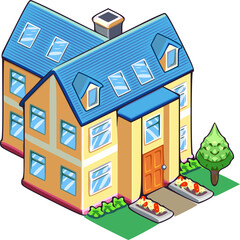 Vibrant Isometric Cartoon House Illustration. Cute Residential Building Icon with Blue Roof and Green Garden Design.