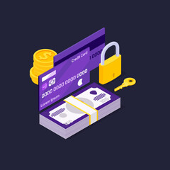 Isometric Financial Security Concept: Digital Payments, Credit Card, Money Protection, Padlock & Key