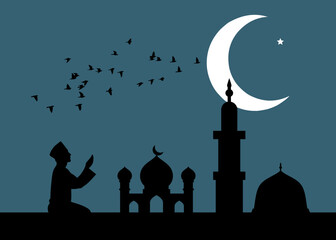 Islamic prayer silhouette at mosque under crescent moon with flying birds. Ramadan spiritual night scene.