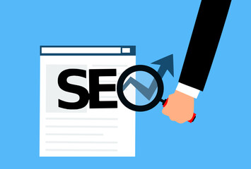 SEO Optimization Concept: Hand with Magnifying Glass Analyzing Website for Ranking Growth