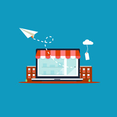 E-commerce Online Shop Concept with Laptop, Delivery, and Cloud Services. Digital Retail Business Illustration.