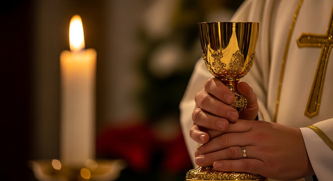 Catholic priest holding chalice eucharist celebration mass