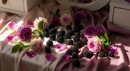 Elegant Composition of Roses and Blackberries on Silk Fabric with Soft Lighting