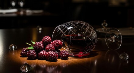 Elegant Composition of Wine Glass and Fresh Blackberries on a Tabletop