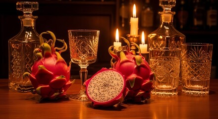 Elegant Composition, Dragon Fruit, Candlelight, Decanters, and Crystal Glasses Displayed Beautifully