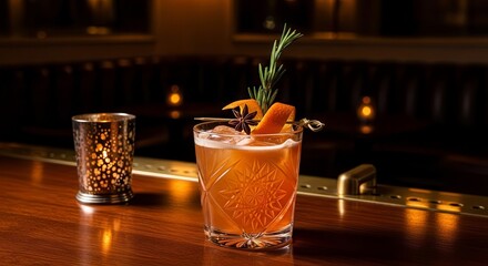Elegant Crafted Cocktail With Orange, Star Anise, and Rosemary In A Classy Bar Setting