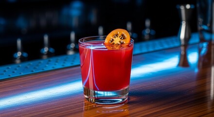 Elegant Crafted Cocktail With Vibrant Color And Citrus Garnish On Professional Bar