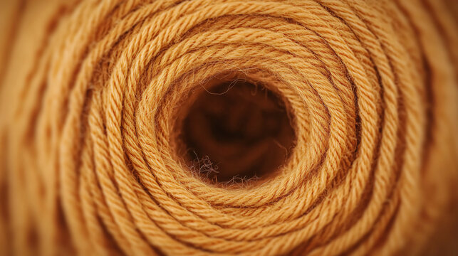 A close-up view of coiled rope, showcasing its texture and depth, with a focus on the spiral pattern leading to a dark center.