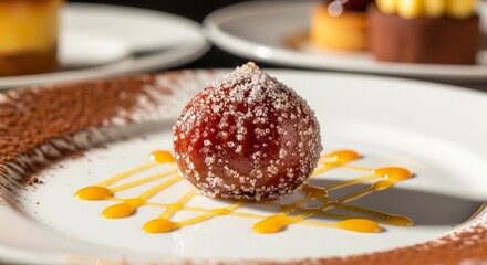 Elegant Desserts, Sugar-Crusted Treat, Caramel Drizzle, and Gourmet Culinary Presentation