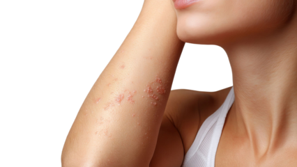 PNG of Close-up of a woman's arm showing skin condition symptoms, highlighting redness and lesions on a soft background.
