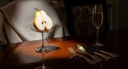 Elegant Dining: A Pear, Champagne, and Antique Silverware on a Refined Surface
