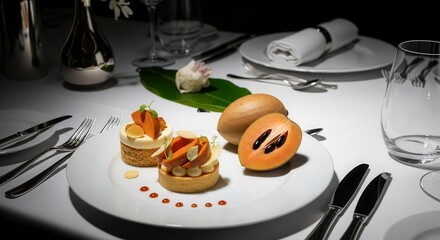 Elegant Dining: Exquisite Dessert Served On a Gleaming Table Setting for Luxury