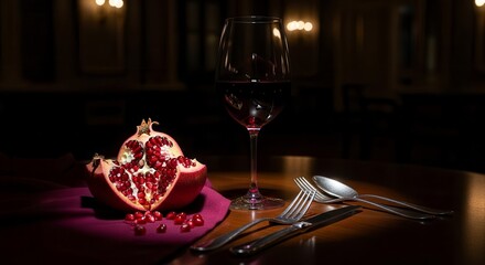 Elegant Dining Scene Featuring Pomegranate, Wine and Formal Tableware Presentation