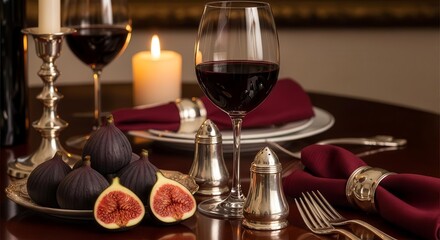 Elegant Dining Scene Featuring Wine, Candles, Fresh Figs, and Refined Tableware