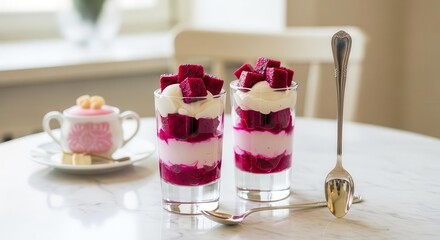 Elegant Dragon Fruit Parfaits Displayed Beside Utensil In Natural Light