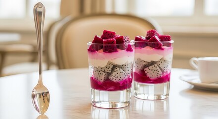 Elegant Dragon Fruit Dessert Parfaits Displayed In Clear Glasses With A Silver Spoon