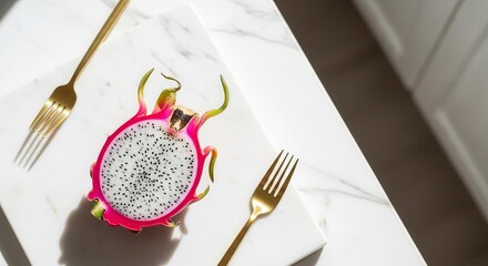 Elegant Dragon Fruit Presentation With Gold Forks On Modern White Marble Surface
