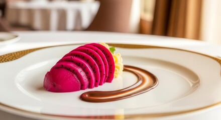 Elegant Dragonfruit Dessert on a Fine Plate with Exquisite Chocolate Swirls Presentation