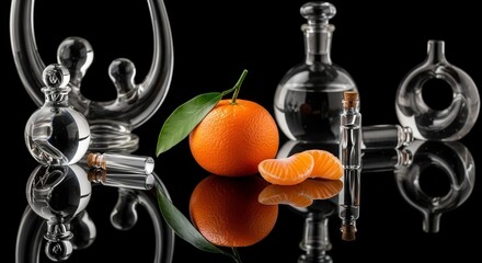 Elegant Essential Oil Composition Featuring Mandarin Orange and Glassware