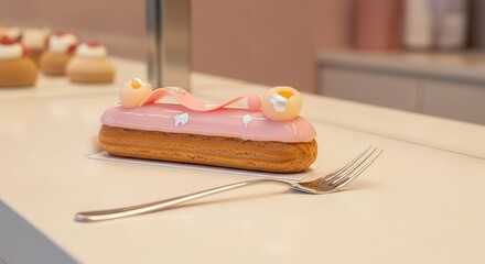 Elegant Eclair: Gourmet Dessert With Pink Glaze and Exquisite Details Presented