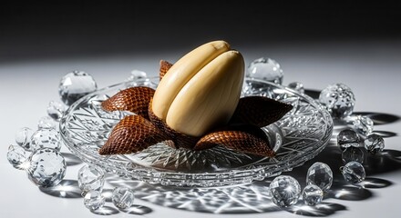 Elegant Exotic Fruit Displayed On A Crystal Plate Surrounded By Decorative Orbs