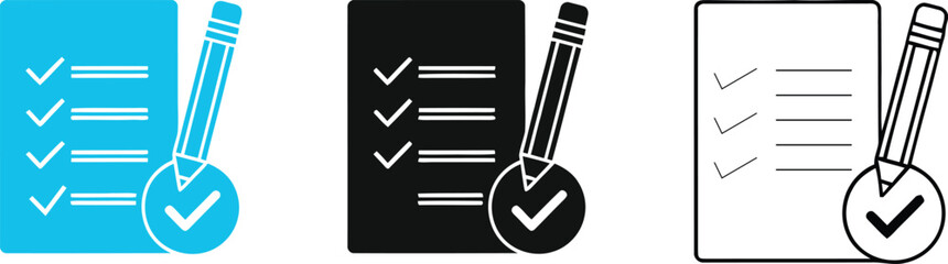 Checklist with pen and checkmarks in blue black and outline styles for task completion and organization