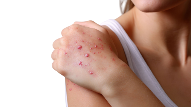 PNG of Close-up of a female's arm with skin condition, showcasing redness and bumps for health awareness.