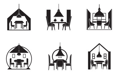 Fototapeta premium Dining Room Interior Design Icons Collection Black and White Silhouette Illustration for Interior Designers and Home Decor Enthusiasts