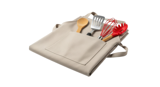 A beige apron with a pocket holding a wooden spoon, spatula, whisk, and pasta server tools