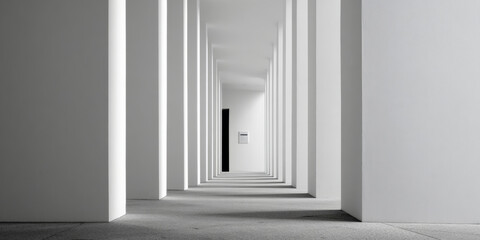 Minimalist architectural corridor with repetitive white columns and shadows creating depth and perspective in a modern building interior space