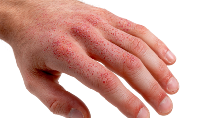 PNG of Close-up of a Caucasian male hand showing irritated skin with red spots, indicating possible allergic reaction or dermatitis.