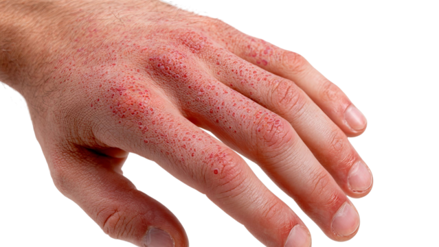 PNG of Close-up of a Caucasian male hand showing irritated skin with red spots, indicating possible allergic reaction or dermatitis.