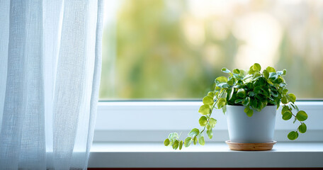 Green potted plant on white windowsill with sheer curtain and blurred natural background in soft daylight