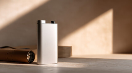 Modern silver portable vaporizer device standing on table with soft natural light and blurred background