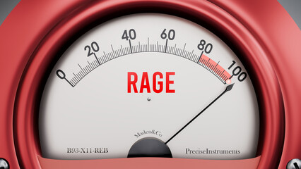 Rage that is hitting a full scale, showing rising levels of rage, possibly overload of it, too much of it. Maximum value, off the charts.  ,3d illustration