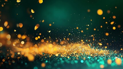 A green and gold glittering background with bokeh lights