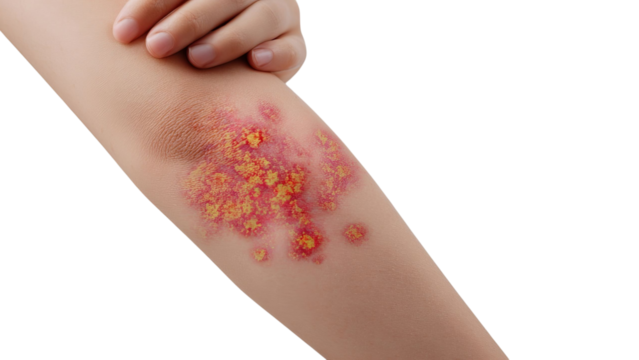 PNG of A close-up of an irritated, inflamed skin condition on a light brown arm, showcasing red and yellow lesions. - Powered by Adobe