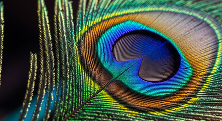 Obraz premium Extreme Close-up of a Peacock Feather with Blue, Green, and Gold Eye Pattern bird