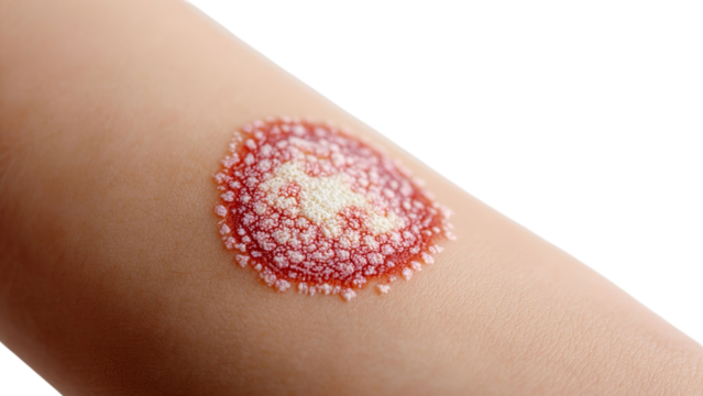 PNG of Close-up of a woman's arm showing a detailed dermatological condition with a red and white raised area.