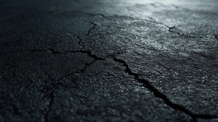 Obraz premium A black asphalt surface with visible texture, cracks, and fine details, photorealistic and cinematic.